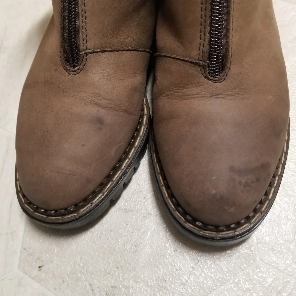 Blondo Waterproof Brown Leather Chunky Heel White Sherpa Cuff Zip Ankle Boots 7‎